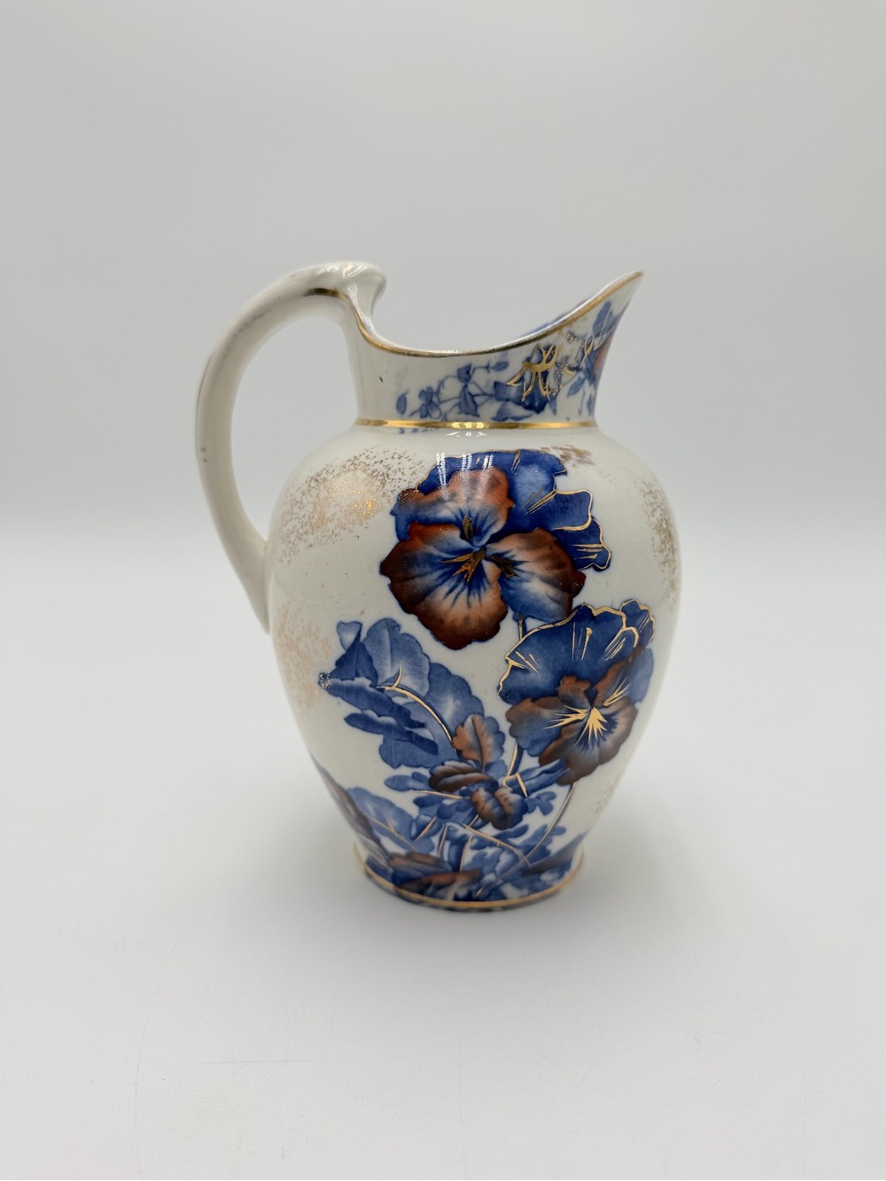 Antique Brown Westhead Moore Mow Cop Blue Floral Gold Pitcher Jug